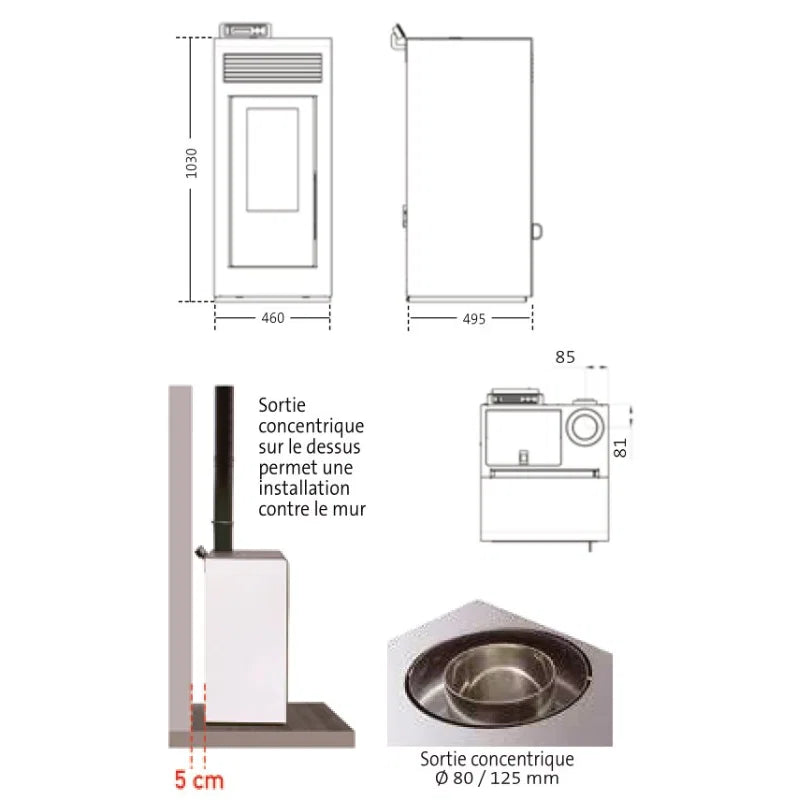 Pack estufa de pellets estanca Vulcano Up + Kit de conductos concéntricos con salida superior · 10,8 kW